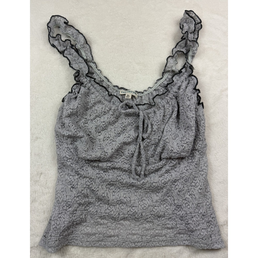 Earthbound Trading Co Gray Floral Lace Ruffle Tie Front Tank Top XL